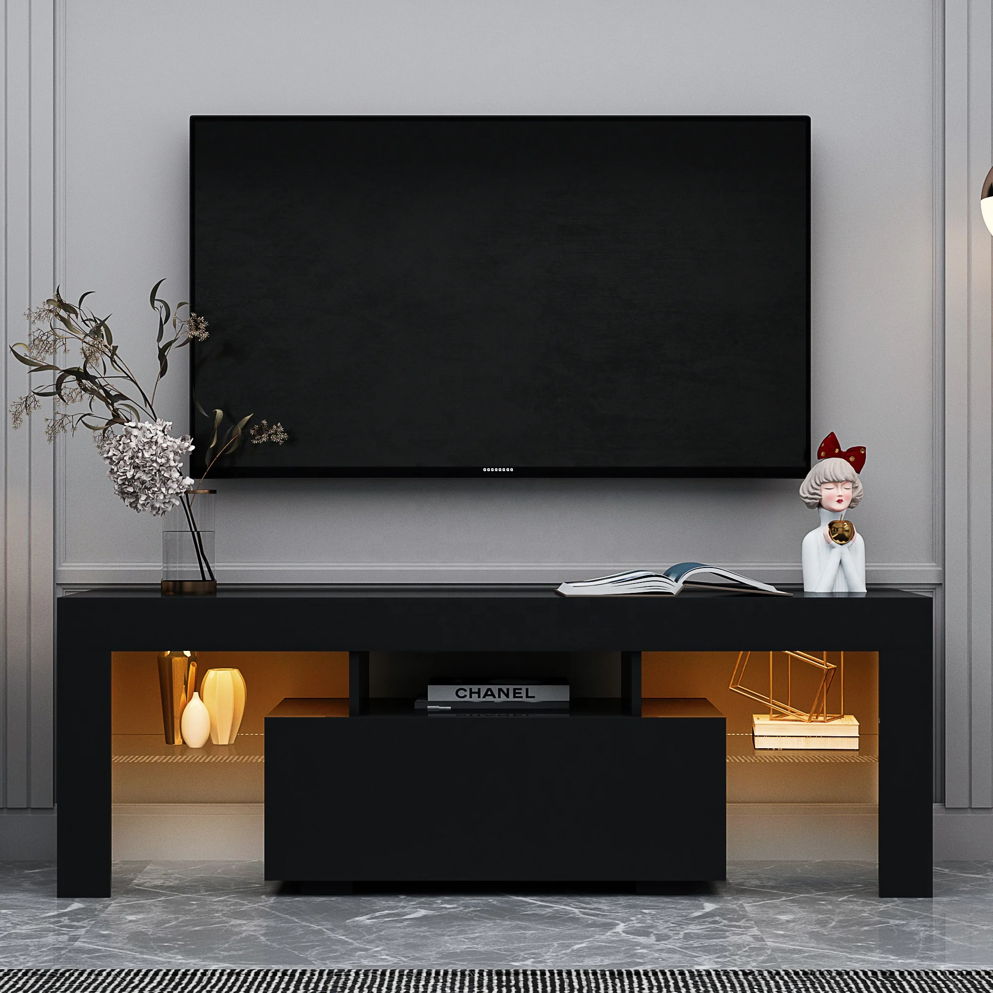 #Black TV Stand with LED RGB L - đánh giá và giá Gaming Console Room
